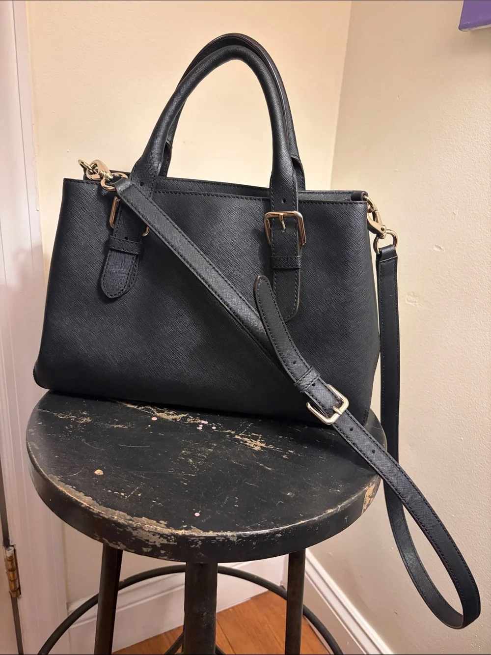 kate spade black leather satchel with gold hardware